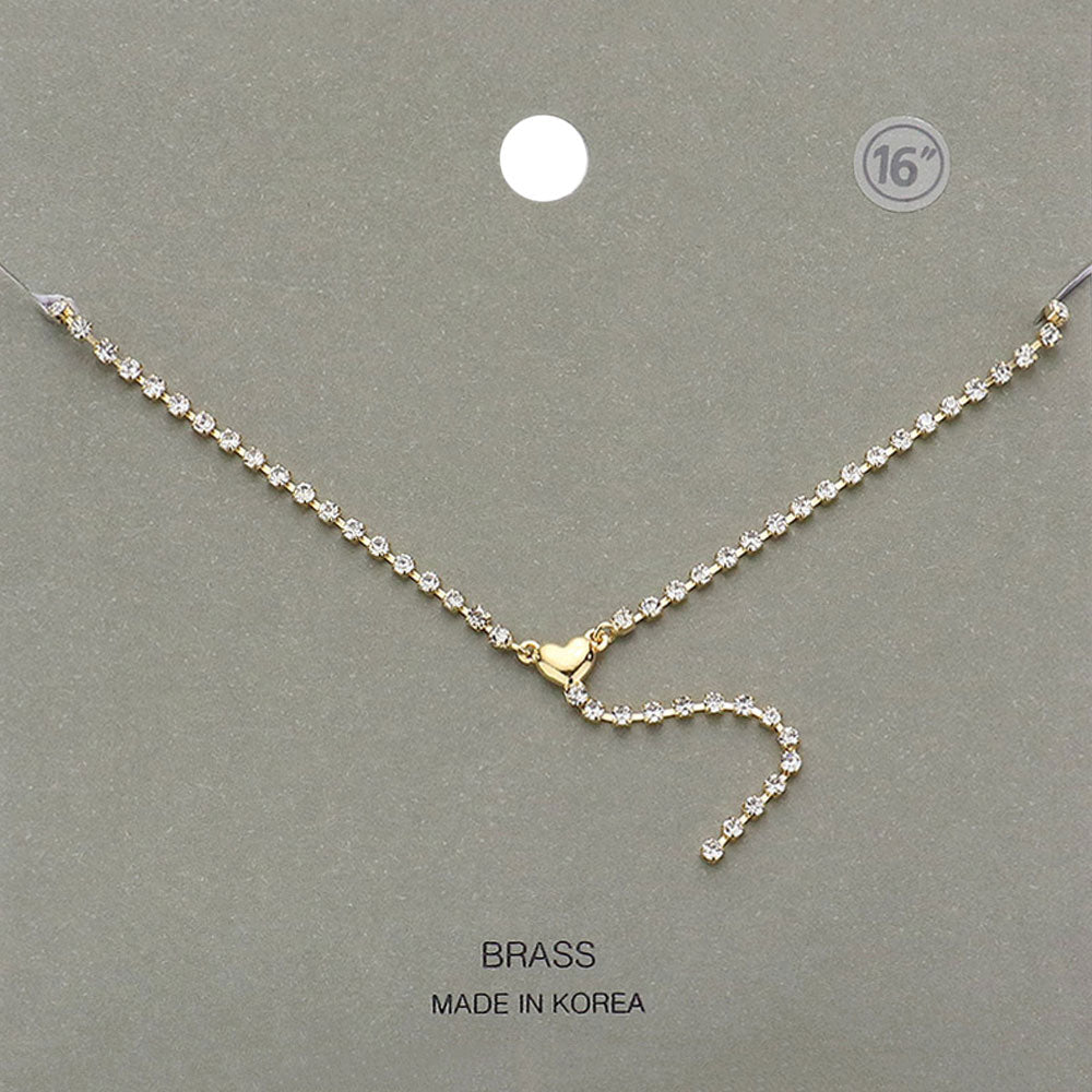 Brass Metal Dainty Rhinestone Chain Heart Pendant Necklace - Gold - Necklaces