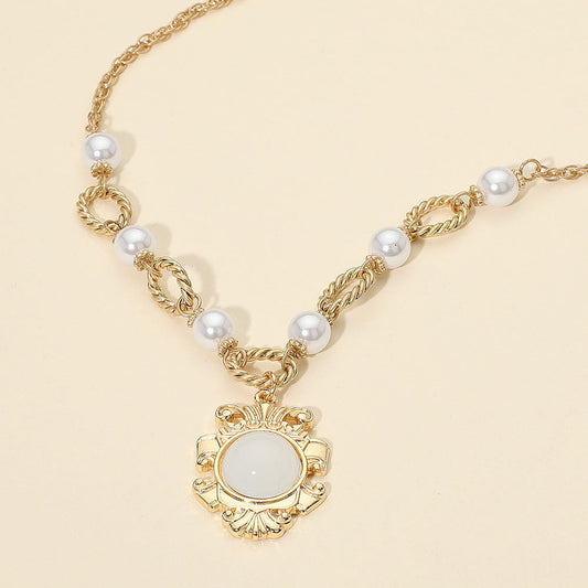 Madeline Love White, Worn Gold Vintage Medallion Pearl Necklace - Necklaces