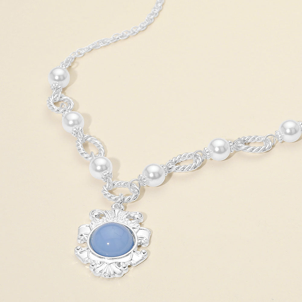 Madeline Love Montana Blue, Worn Silver Vintage Medallion Pearl Necklace - Necklaces