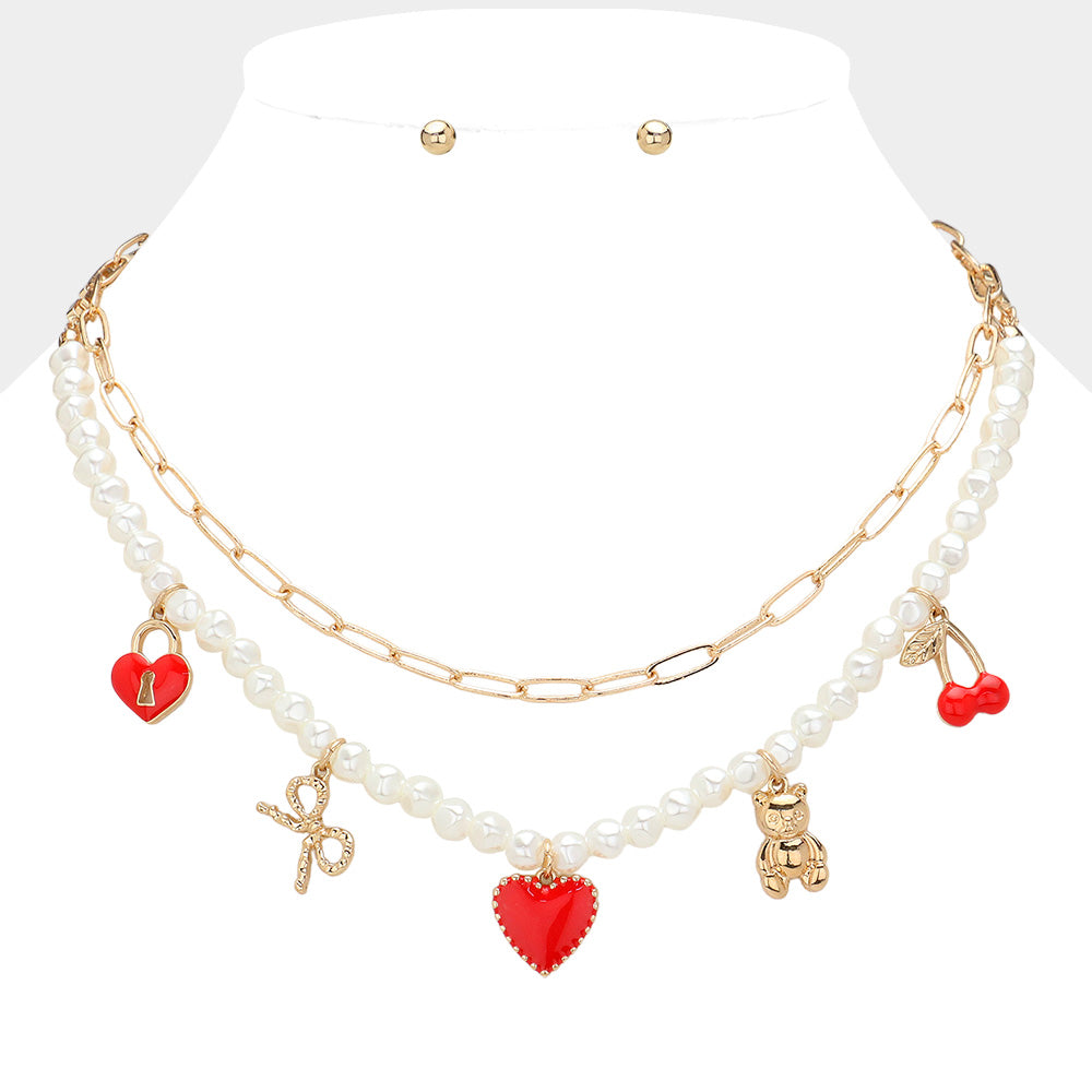 Enamel Heart Lock Cherry Metal Bow Bear Pendant Double Layered Necklace