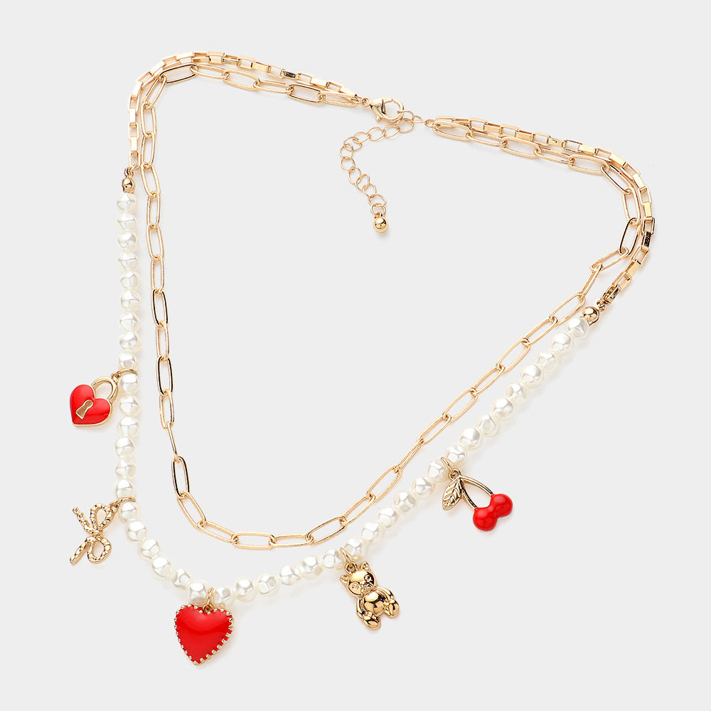 Enamel Heart Lock Cherry Metal Bow Bear Pendant Double Layered Necklace