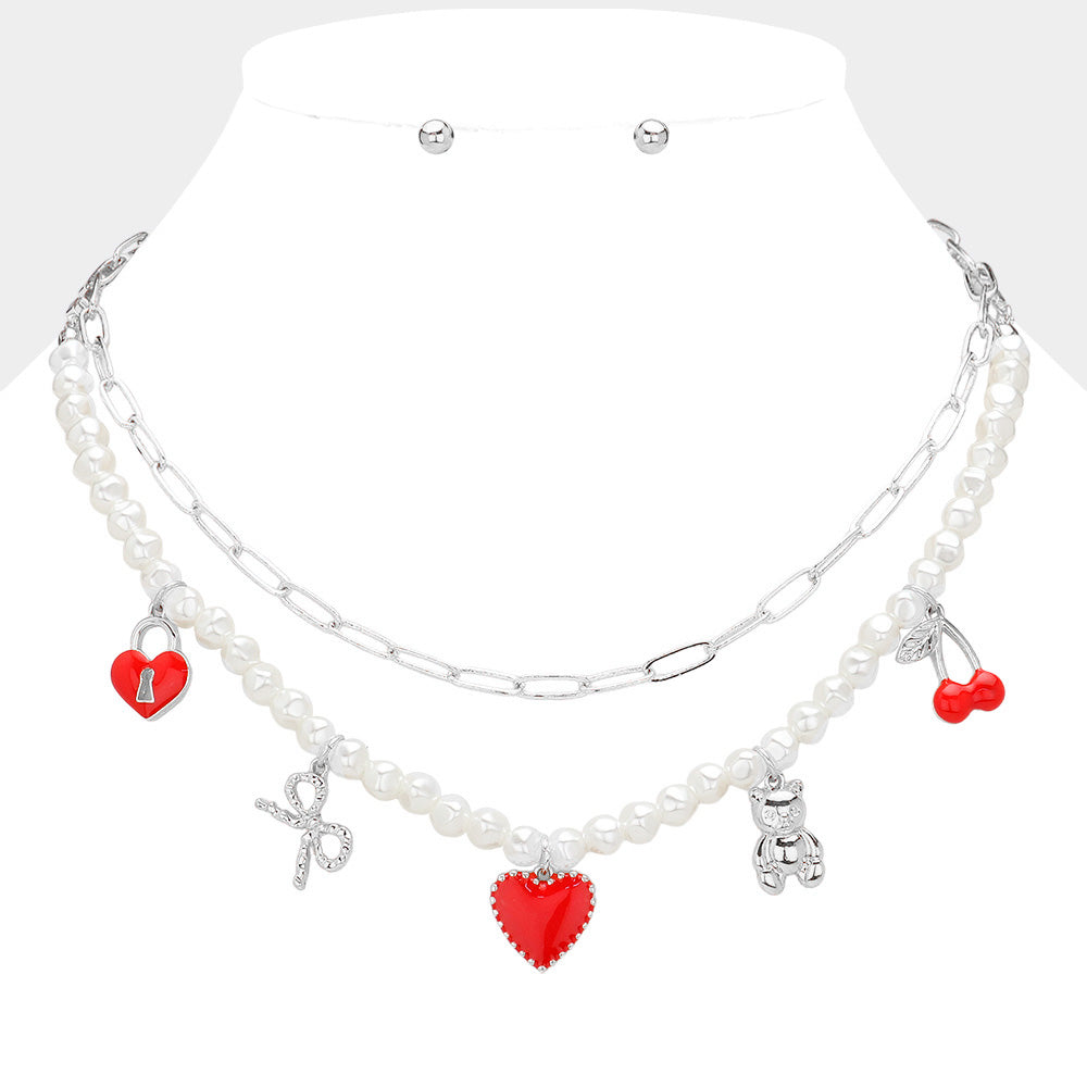 Enamel Heart Lock Cherry Metal Bow Bear Pendant Double Layered Necklace
