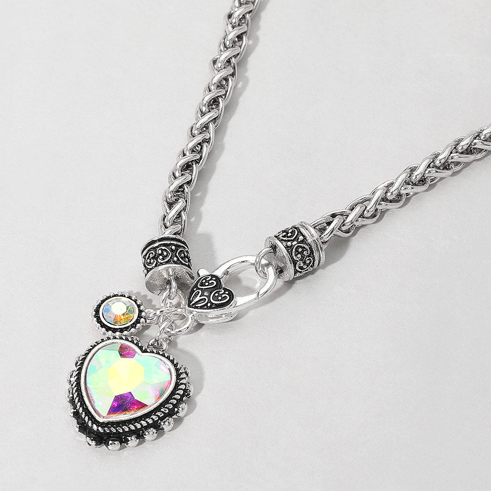 Madeline Love AB, Antique Silver Heart Stone Pendant Antique Metal Necklace - Necklaces