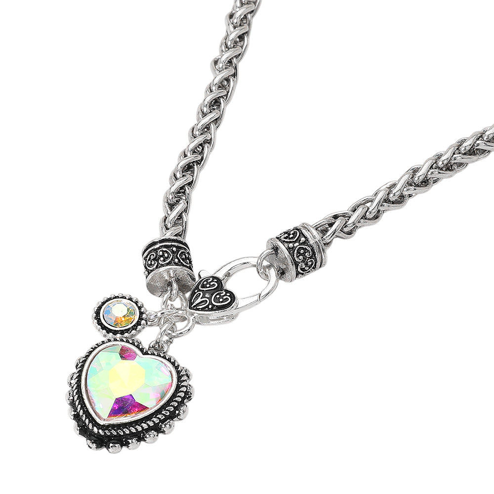Madeline Love AB, Antique Silver Heart Stone Pendant Antique Metal Necklace - Necklaces - desc