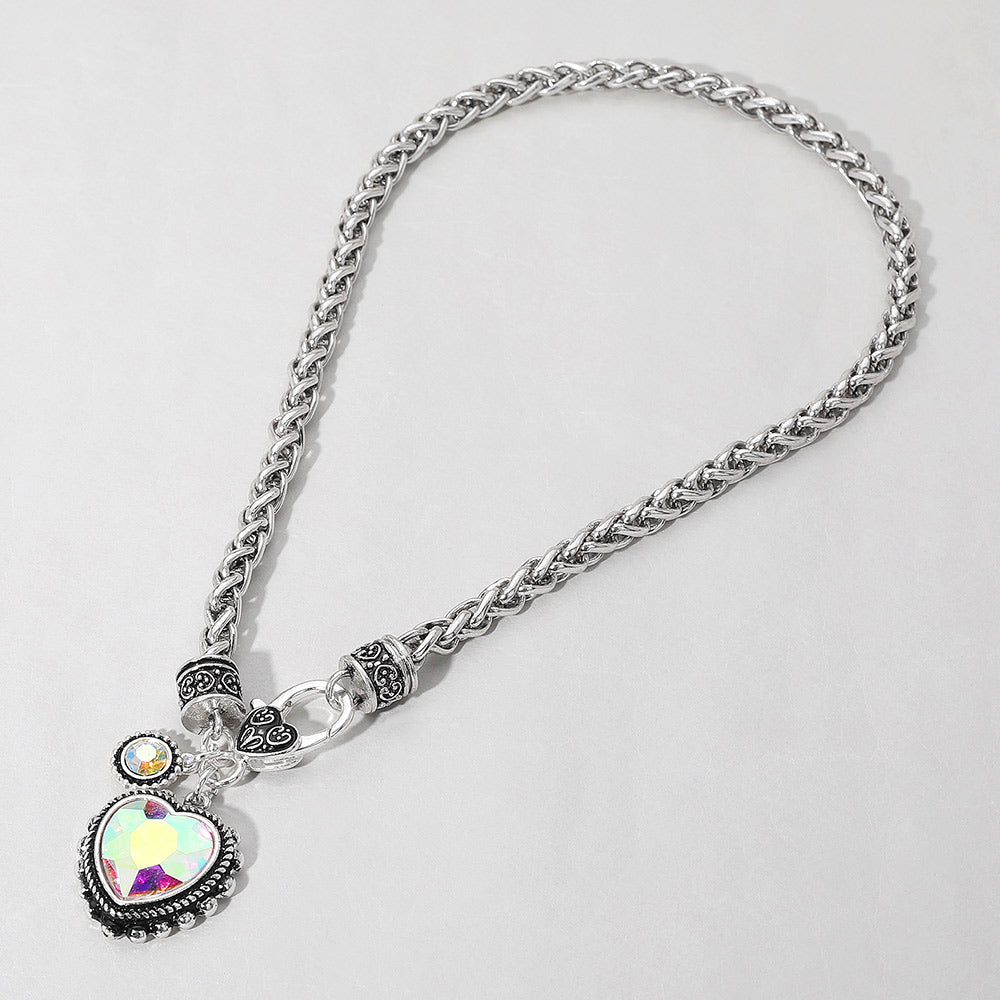 Madeline Love AB, Antique Silver Heart Stone Pendant Antique Metal Necklace - Necklaces - extra