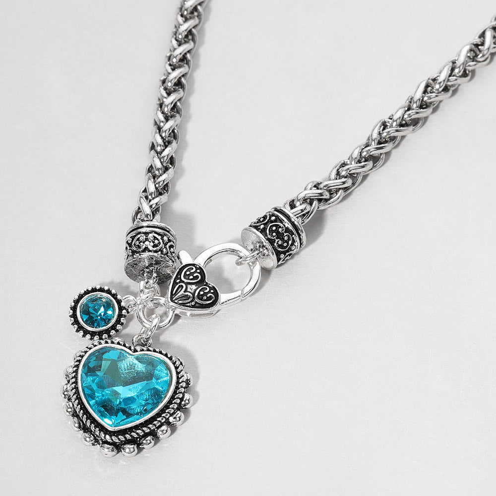 Madeline Love Antique Silver, Aqua Heart Stone Pendant Antique Metal Necklace - Necklaces