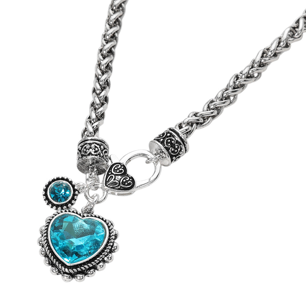 Madeline Love Antique Silver, Aqua Heart Stone Pendant Antique Metal Necklace - Necklaces - desc