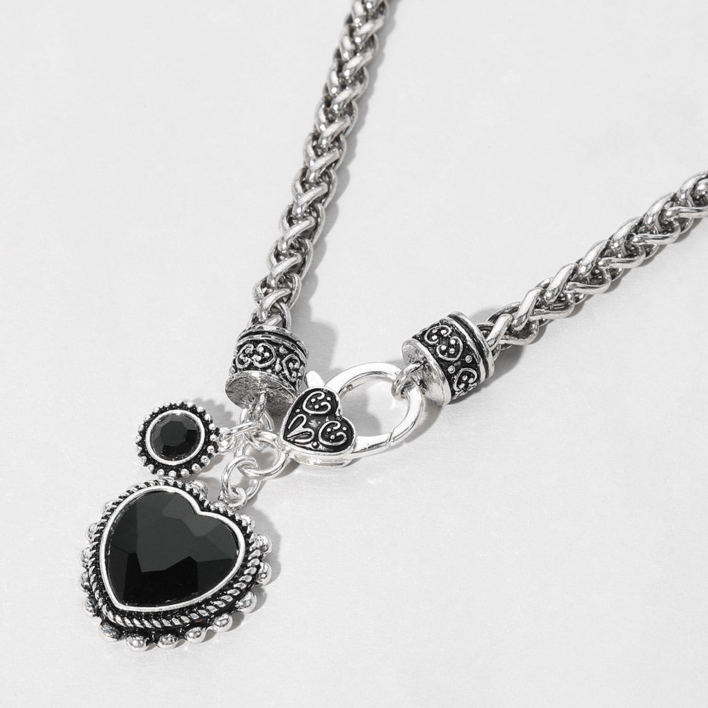 Madeline Love Antique Silver, Black Heart Stone Pointed Pendant Antique Metal Necklace - Necklaces
