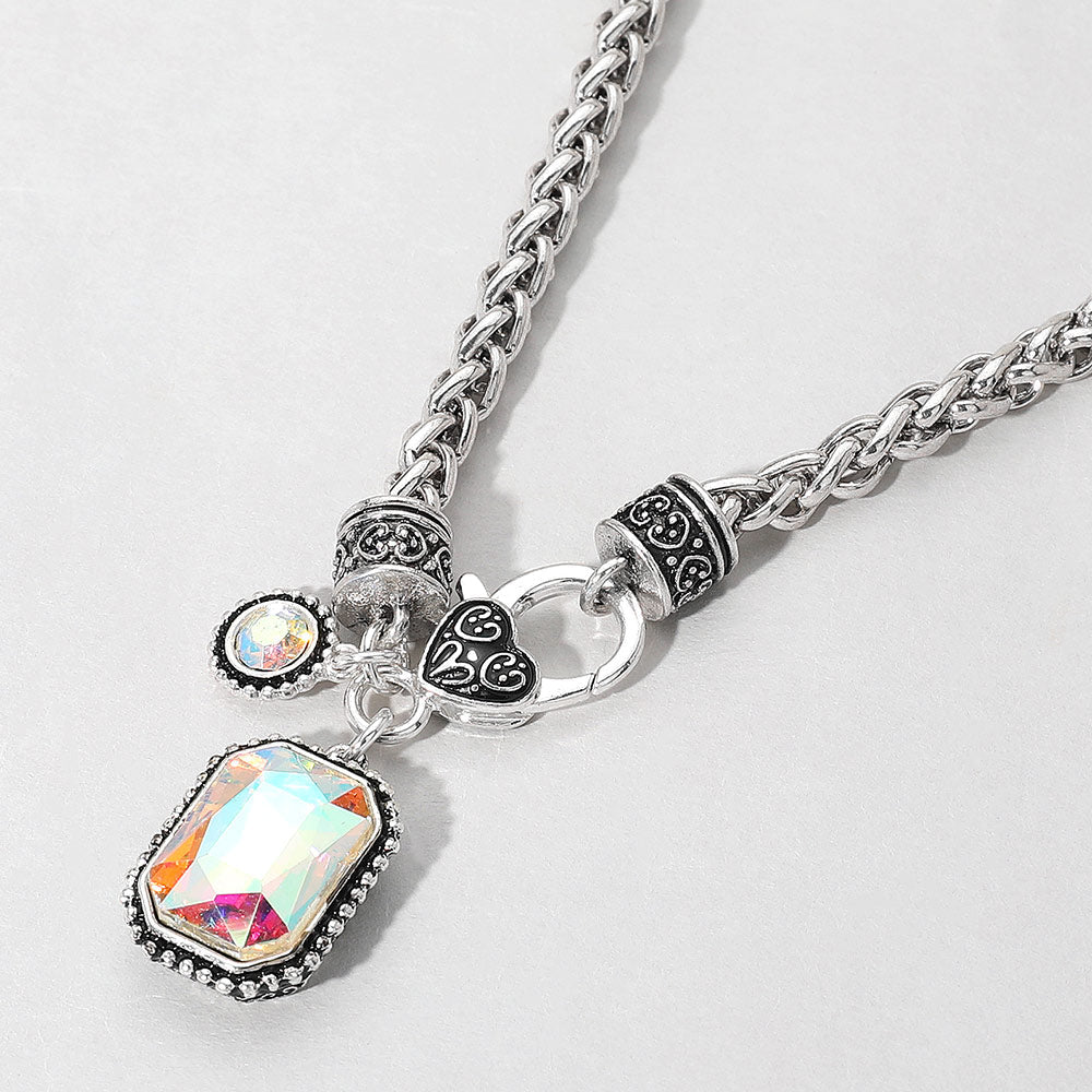 Madeline Love AB, Antique Silver Rectangular Stone Pendant Antique Metal Necklace - Necklaces