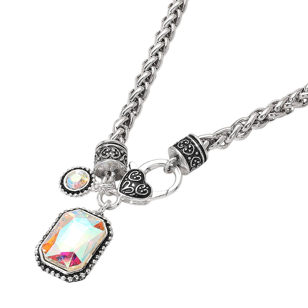Madeline Love AB, Antique Silver Rectangular Stone Pendant Antique Metal Necklace - Necklaces - desc