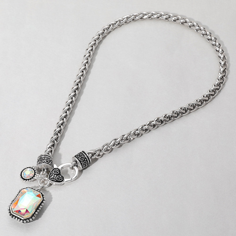 Madeline Love AB, Antique Silver Rectangular Stone Pendant Antique Metal Necklace - Necklaces - extra