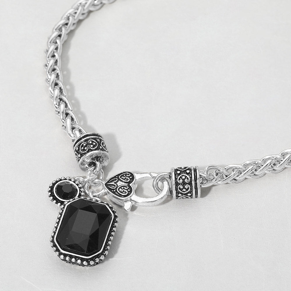 Madeline Love Antique Silver, Black Rectangular Stone Pendant Antique Metal Necklace - Necklaces