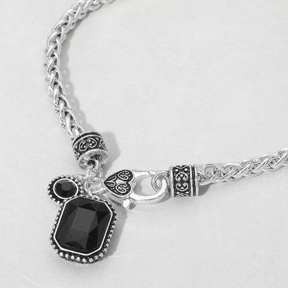 Madeline Love Antique Silver, Black Rectangular Stone Pendant Antique Metal Necklace - Necklaces