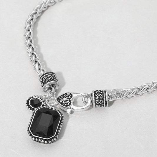 Madeline Love Antique Silver, Black Rectangular Stone Pendant Antique Metal Necklace - Necklaces