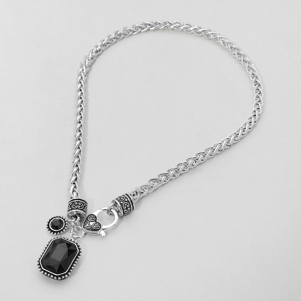 Madeline Love Antique Silver, Black Rectangular Stone Pendant Antique Metal Necklace - Necklaces - desc