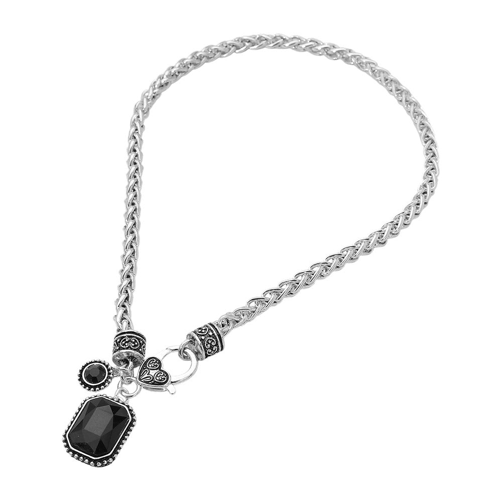 Madeline Love Antique Silver, Black Rectangular Stone Pendant Antique Metal Necklace - Necklaces - extra