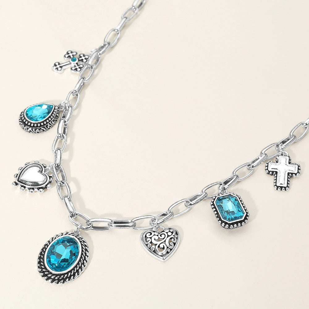 Madeline Love Antique Silver, Aqua Antique Metal Oval Teardrop Rectangle Stone Cluster Metal Heart Cross Charm Station Necklace - Necklaces