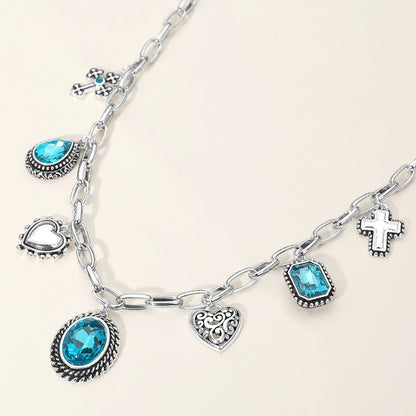 Madeline Love Antique Silver, Aqua Antique Metal Oval Teardrop Rectangle Stone Cluster Metal Heart Cross Charm Station Necklace - Necklaces