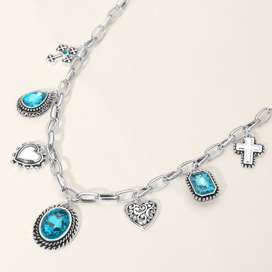Madeline Love Antique Silver, Aqua Antique Metal Oval Teardrop Rectangle Stone Cluster Metal Heart Cross Charm Station Necklace - Necklaces