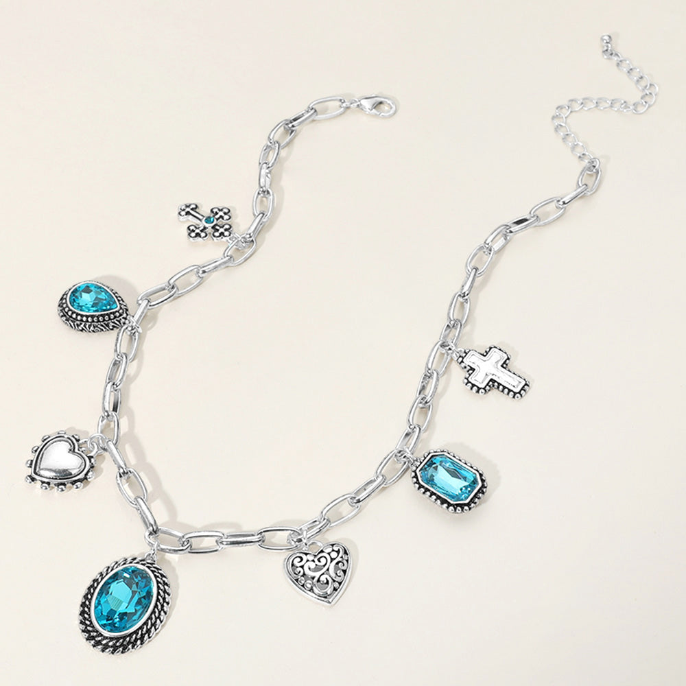 Madeline Love Antique Silver, Aqua Antique Metal Oval Teardrop Rectangle Stone Cluster Metal Heart Cross Charm Station Necklace - Necklaces - extra