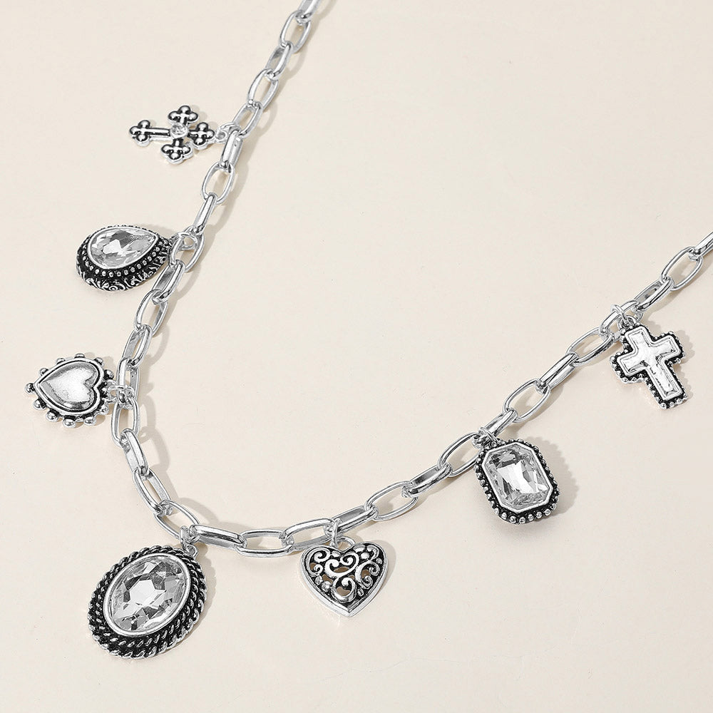 Madeline Love Antique Silver, Clear Antique Metal Oval Teardrop Rectangle Stone Cluster Metal Heart Cross Charm Station Necklace - Necklaces