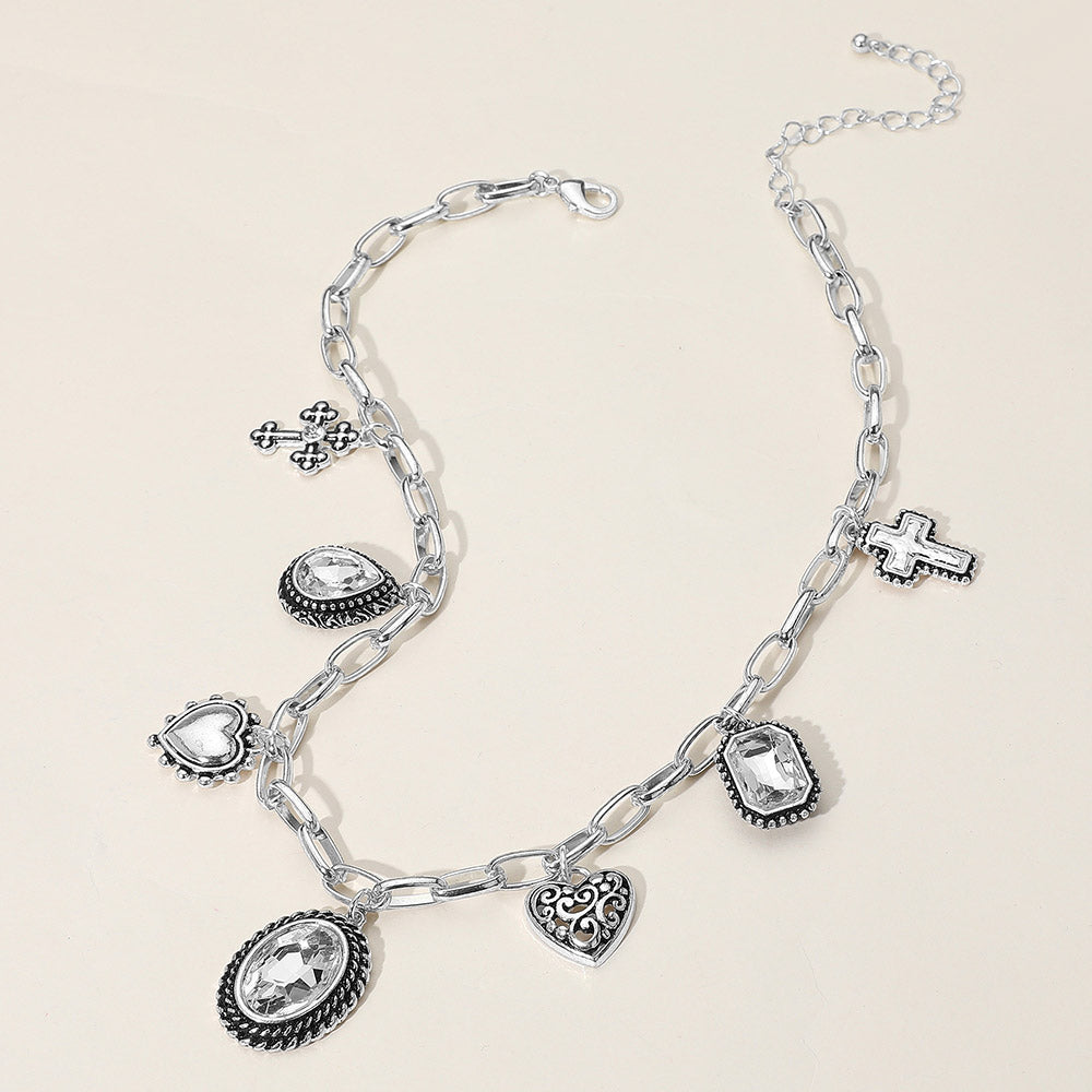 Madeline Love Antique Silver, Clear Antique Metal Oval Teardrop Rectangle Stone Cluster Metal Heart Cross Charm Station Necklace - Necklaces - desc