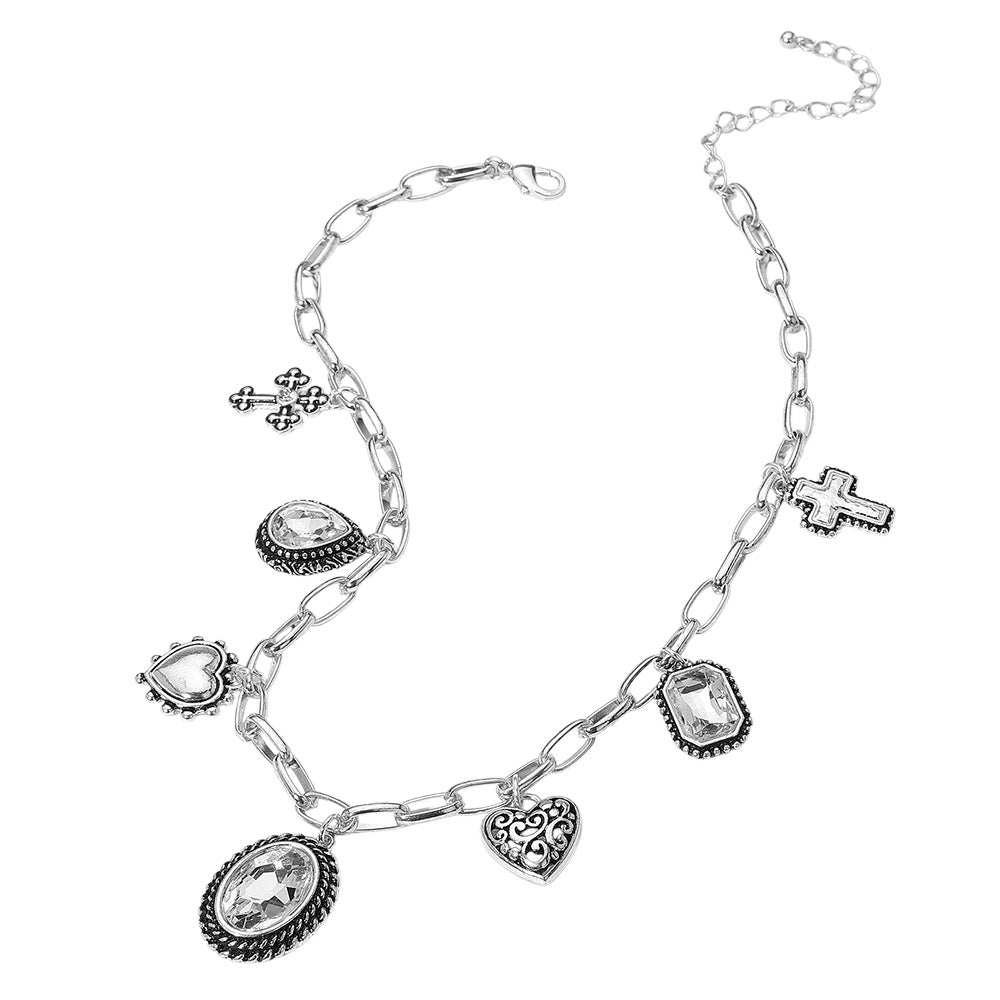 Madeline Love Antique Silver, Clear Antique Metal Oval Teardrop Rectangle Stone Cluster Metal Heart Cross Charm Station Necklace - Necklaces - extra