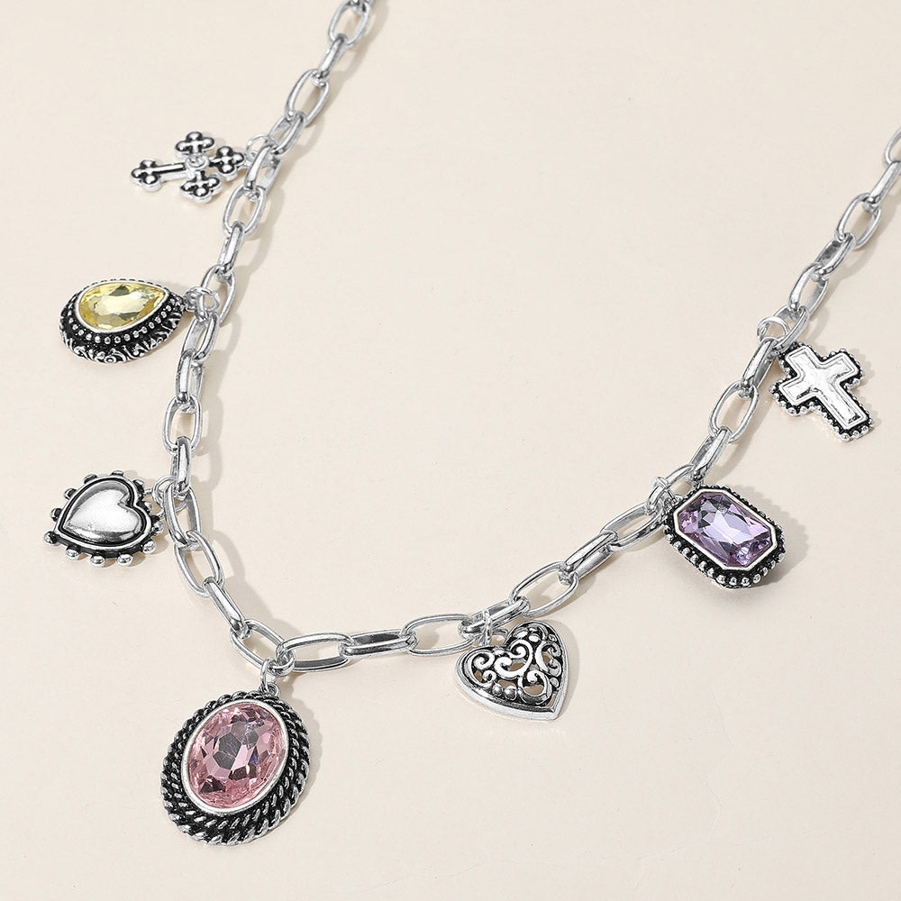 Madeline Love Antique Silver, Multi Antique Metal Oval Teardrop Rectangle Stone Cluster Metal Heart Cross Charm Station Necklace - Necklaces