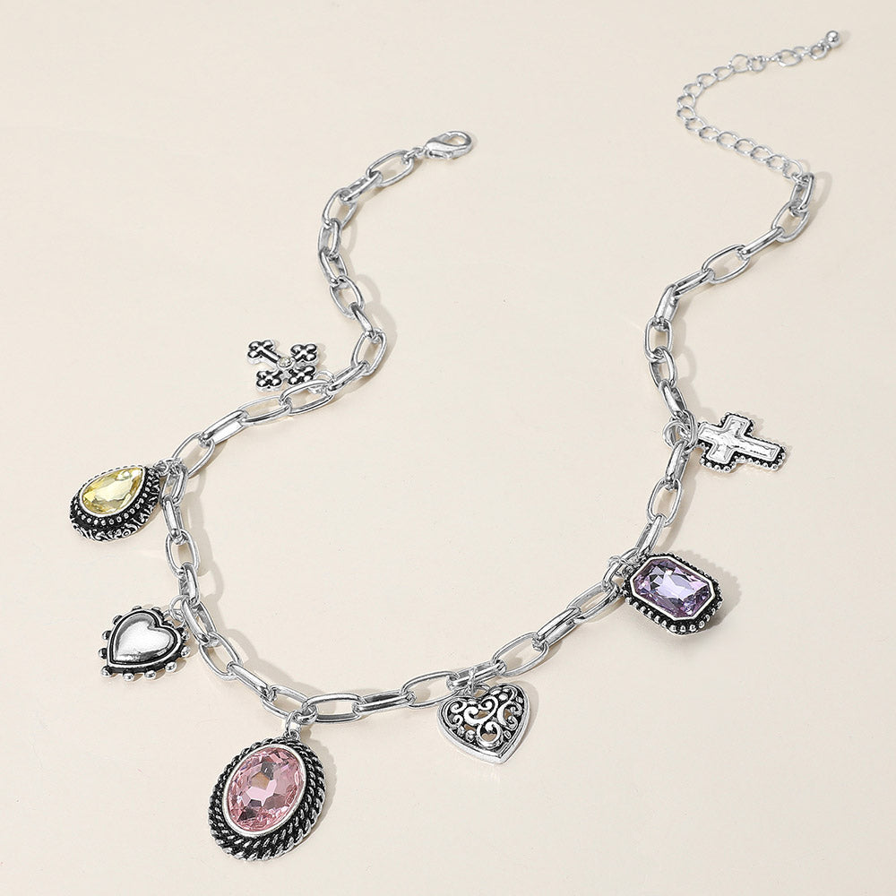 Madeline Love Antique Silver, Multi Antique Metal Oval Teardrop Rectangle Stone Cluster Metal Heart Cross Charm Station Necklace - Necklaces - desc