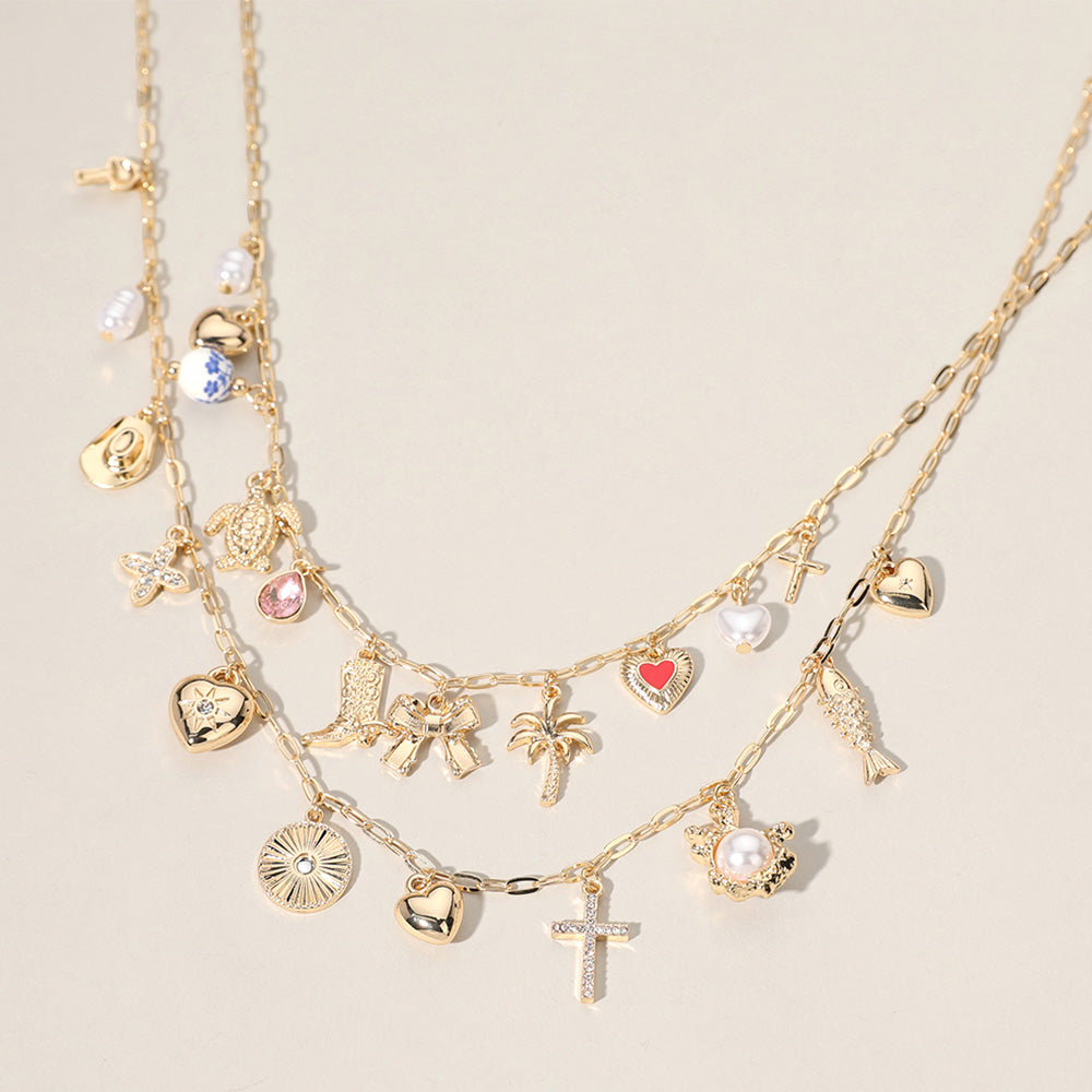 Gold, Multi 2PCS - Metal Fish Palm Tree Bow Cowboy Boot Sea Turtle Pearl Heart Cross Ceramic Ball Charm Station Necklace