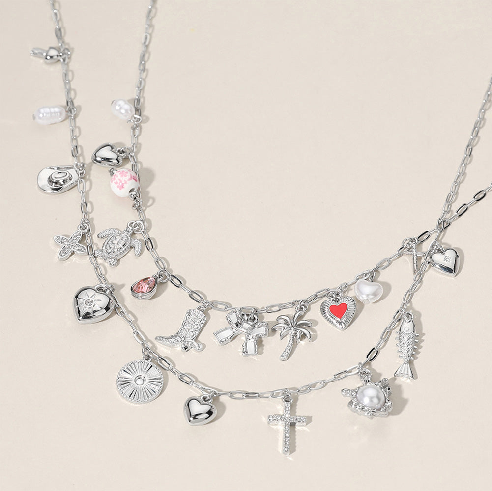 Multi, Rhodium 2PCS - Metal Fish Palm Tree Bow Cowboy Boot Sea Turtle Pearl Heart Cross Ceramic Ball Charm Station Necklace
