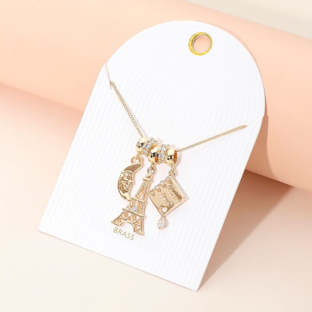 Madeline Love Clear, Gold Crescent Moon Eiffel Tower Secret Love Book Charm Beaded Necklace - Necklaces