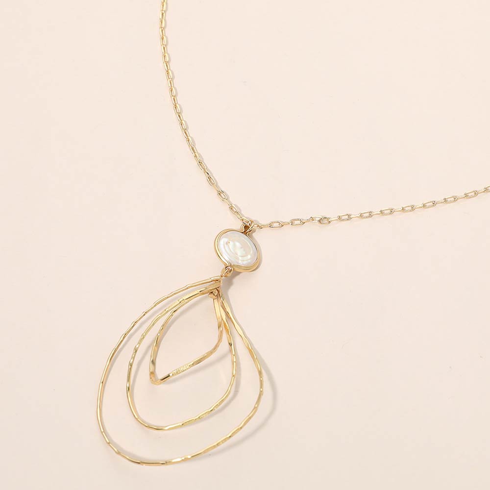 Madeline Love Cream, Gold Pearl Accent Layered Abstract Hoop Drop Pendant Beaded Chain Necklace