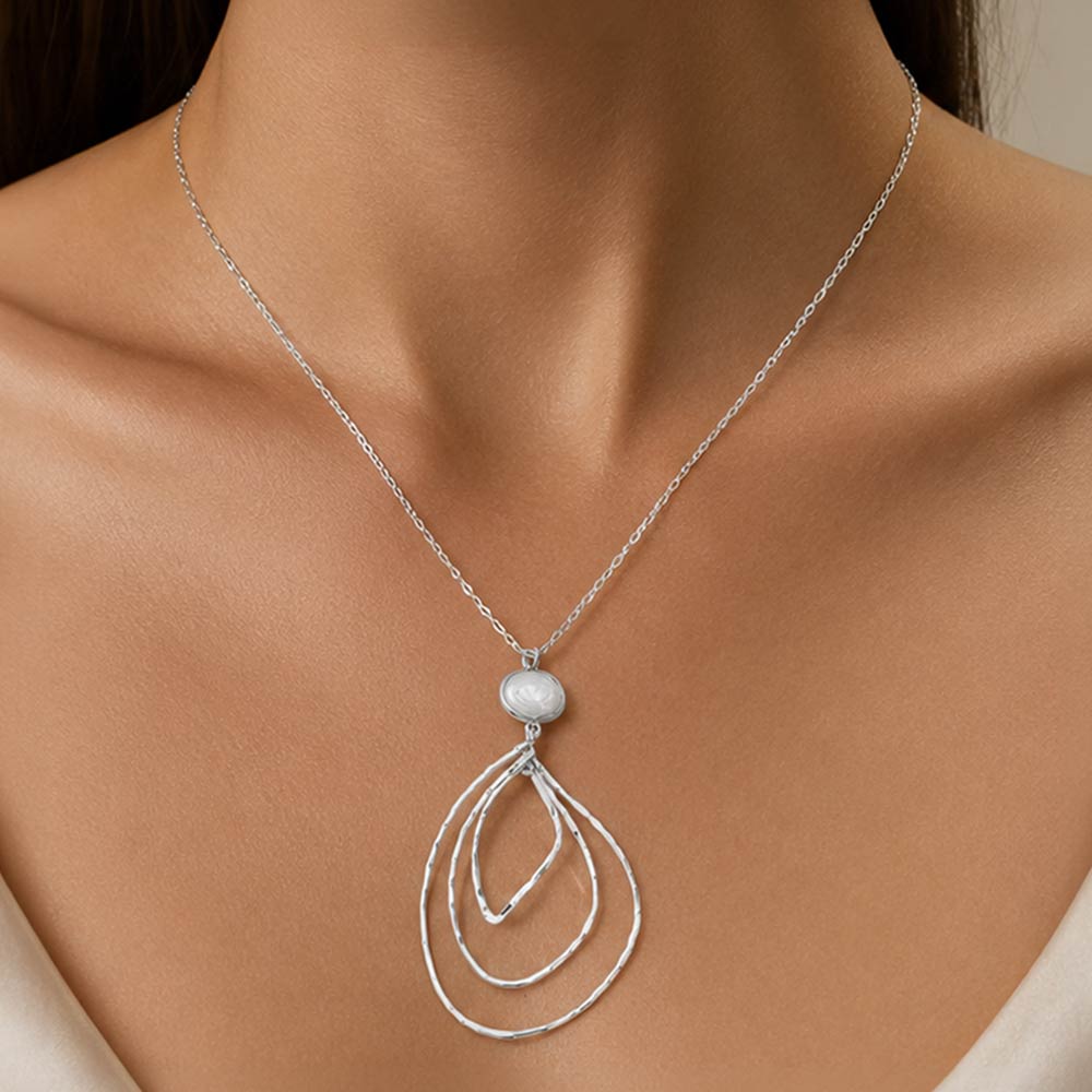 Madeline Love Cream, Rhodium Pearl Accent Layered Abstract Hoop Drop Pendant Beaded Chain Necklace