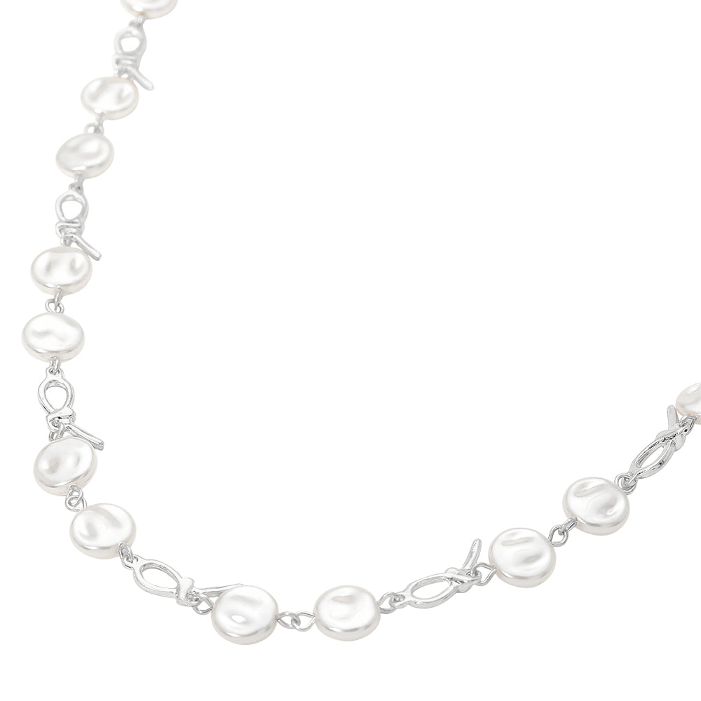 Madeline Love Worn Silver Pearl Disc Abstract Charm Link Necklace - Necklaces - desc