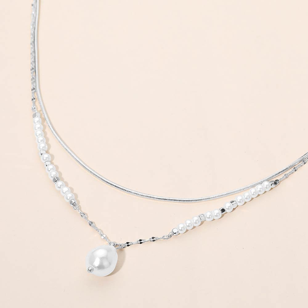 Madeline Love Cream, Rhodium Pearl Pendant Accent Layered Necklace