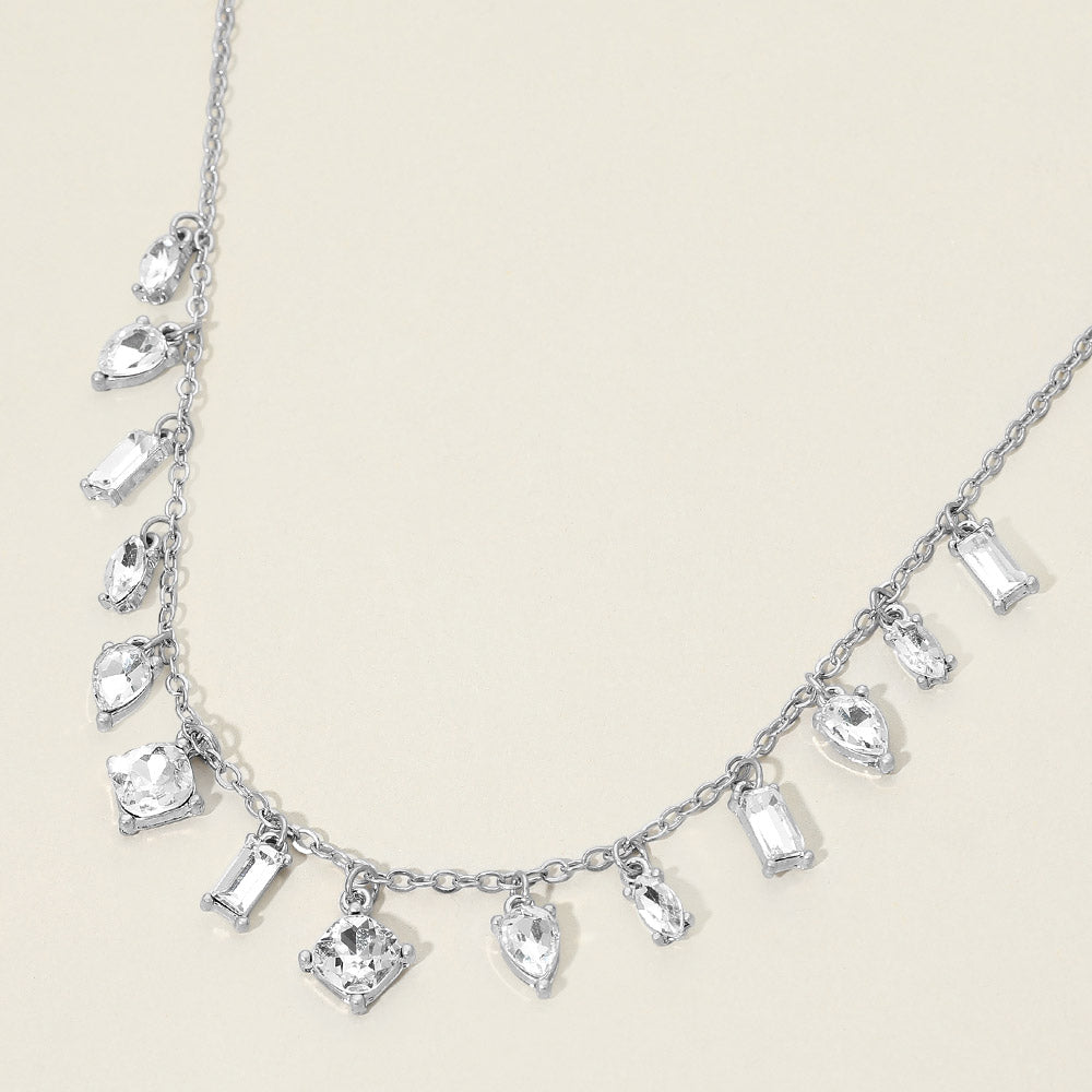 Madeline Love Clear, Worn Silver Mixed Cut Stone Cluster Charm Station Necklace