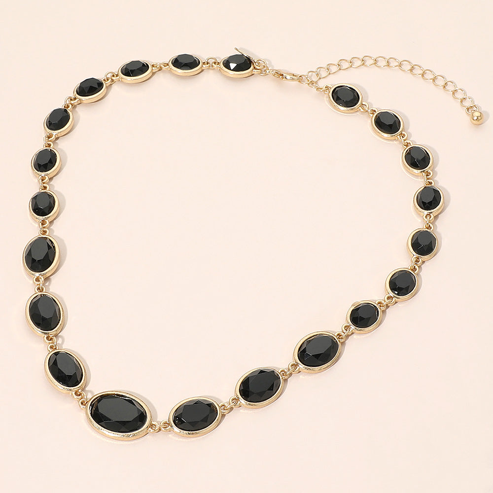 Madeline Love Black, Worn Gold Faceted Oval Stone Cluster Link Necklace