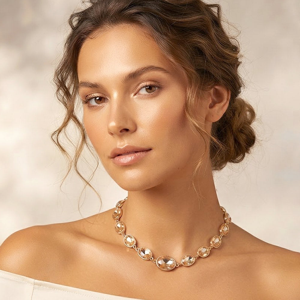 Madeline Love Champagne, Worn Gold Faceted Oval Stone Cluster Link Necklace