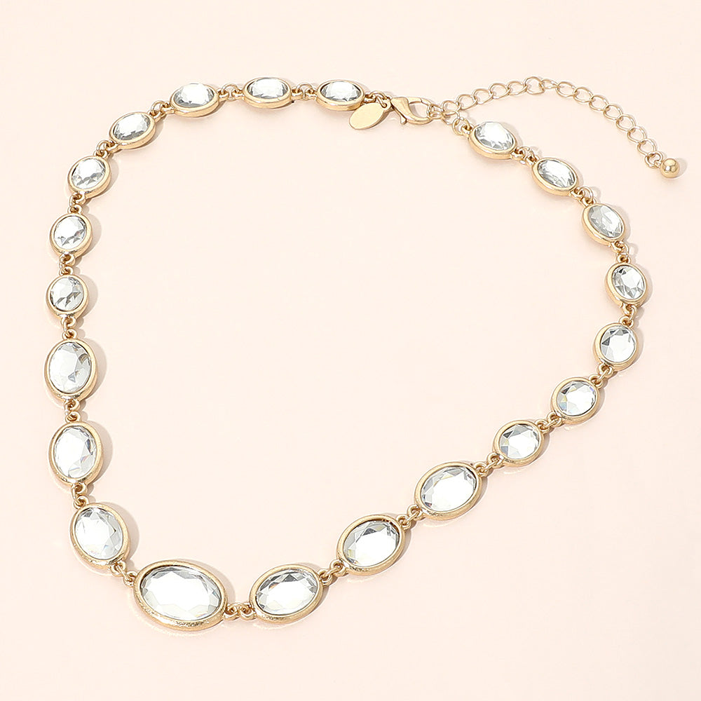 Madeline Love Clear, Worn Gold Faceted Oval Stone Cluster Link Necklace