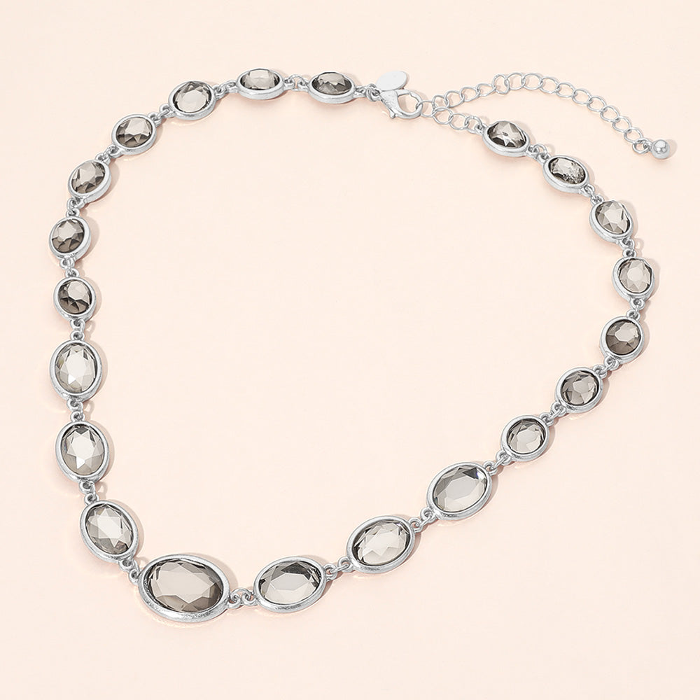 Madeline Love Black Diamond, Worn Silver Faceted Oval Stone Cluster Link Necklace