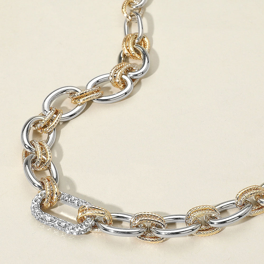 Clear, Gold Stone Paved Oval Ring Accented Two Tone Chunky Chain Necklace