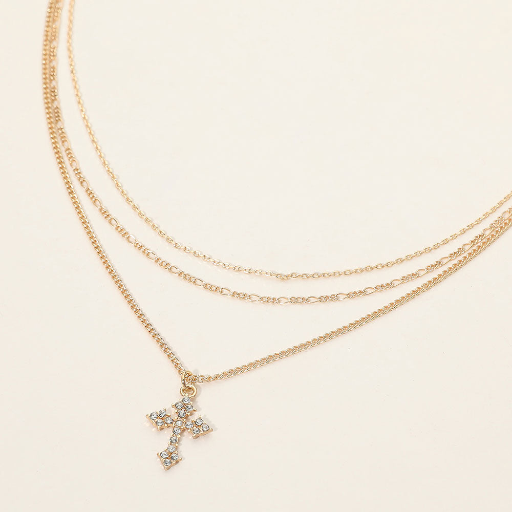 Madeline Love Clear, Gold Rhinestone Pave Cross Pendant Accent Multi Layered Necklace