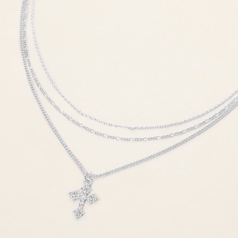 Madeline Love Clear, Rhodium Rhinestone Pave Cross Pendant Accent Multi Layered Necklace