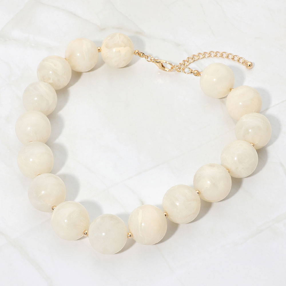 Madeline Love Beige, Gold Oversized Marbled Round Ball Beaded Statement Necklace