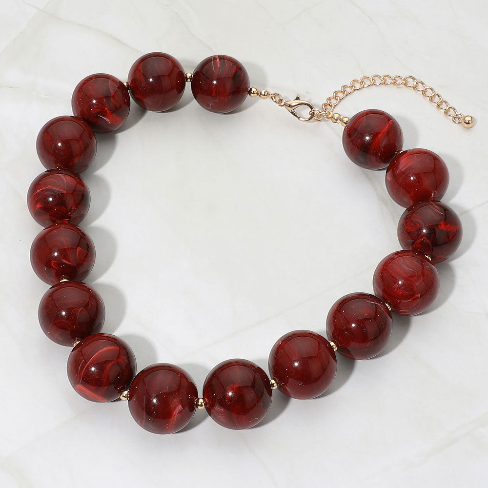 Madeline Love Burgundy, Gold Oversized Marbled Round Ball Beaded Statement Necklace
