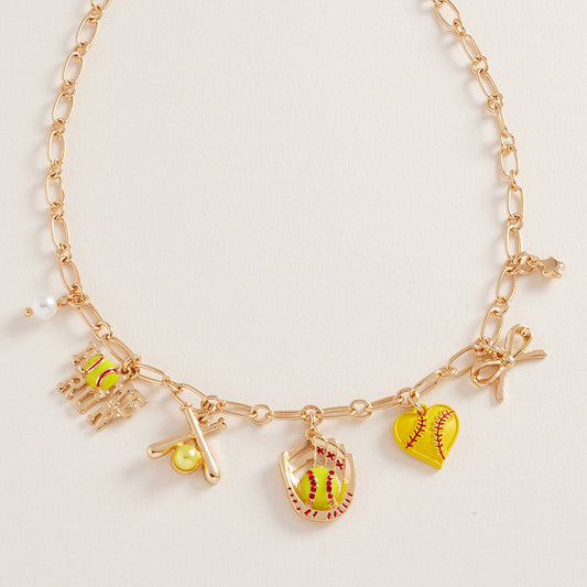 Madeline Love Gold, Yellow Softball Bow Pearl Charm Necklace - Necklaces