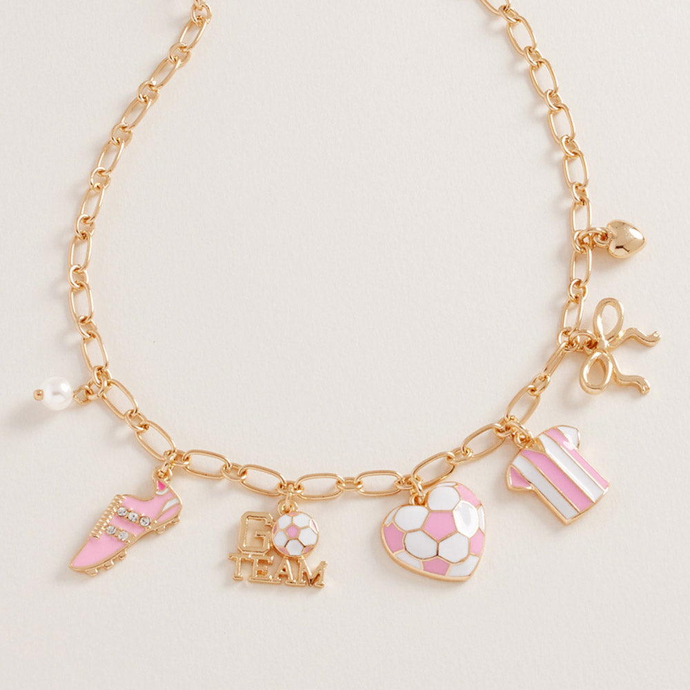 Gold, Pink Soccer Bow Pearl Heart Charm Necklace