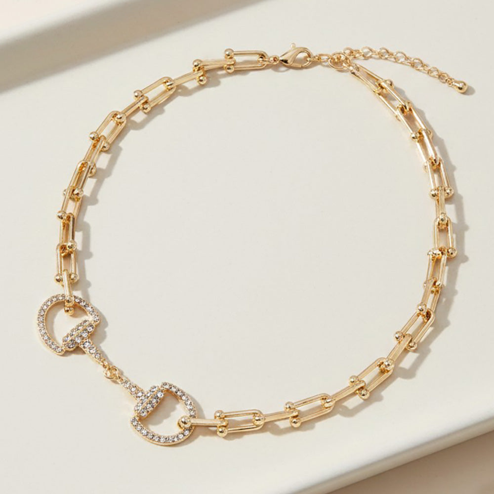 Madeline Love Gold Gold Plated Hypoallergenic Rhinestone Pave Horsebit Accent Industrial Link Chain Necklace
