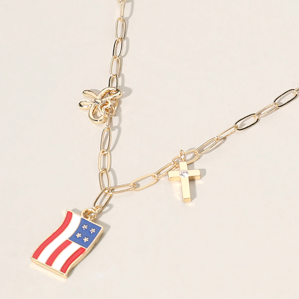 Madeline Love Gold, Multi Enamel American USA Flag Metal Cross Bow Charm Station Paperclip Chain Necklace - Necklaces